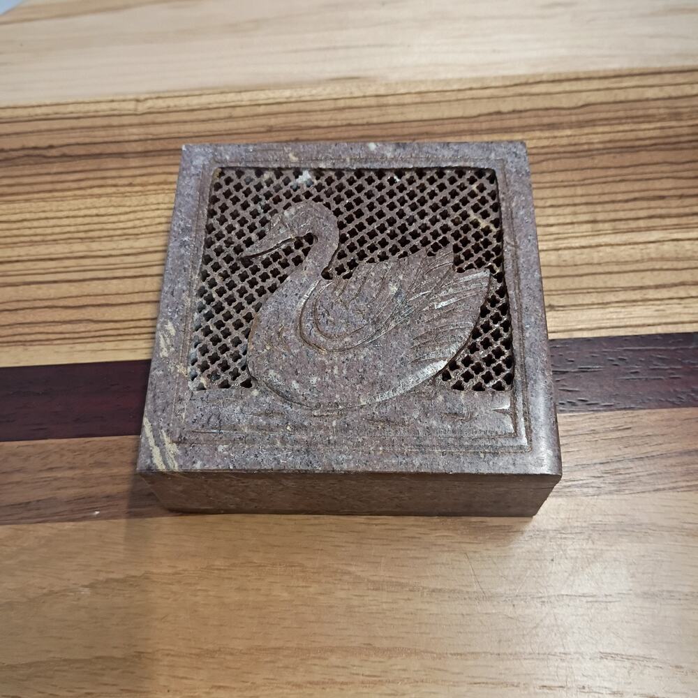 Vintage Swan Carved Soapstone Trinket Jewelry Box India Hinged MCM 4 Inch Square